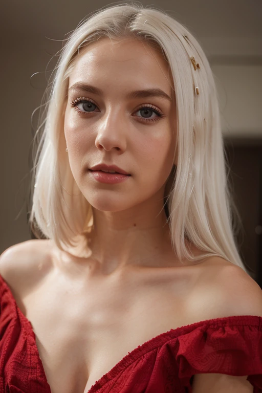 1girl, solo, white_hair, beautiful, hyper-realism, textured, maximum_detail, dslr, red dress