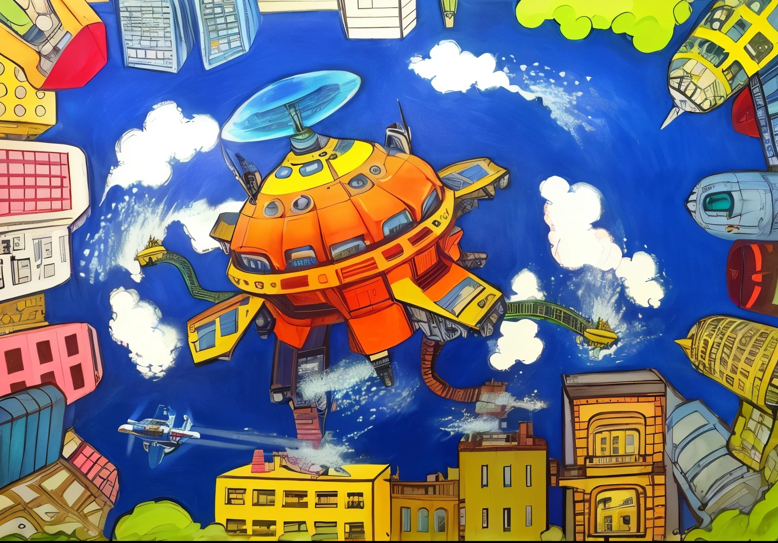 Drawing of a cartoon airplane flying over a city with buildings, Inspired by Hirohiko Araki, Hand drawn cartoon art style, Inspired by Tomokazu Matsuyama, Mothership in the sky, Inspired by Hihiko Araki, author:Keiichiro Kume, Inspired by Toriyama Stone Garden, the ufo is over the city, Gorgeous spaceship, UFO