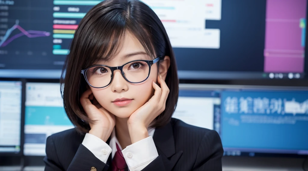 Woman tilting her head、thinking about things、Wearing glasses、Recruitment Suit、Graph in the background