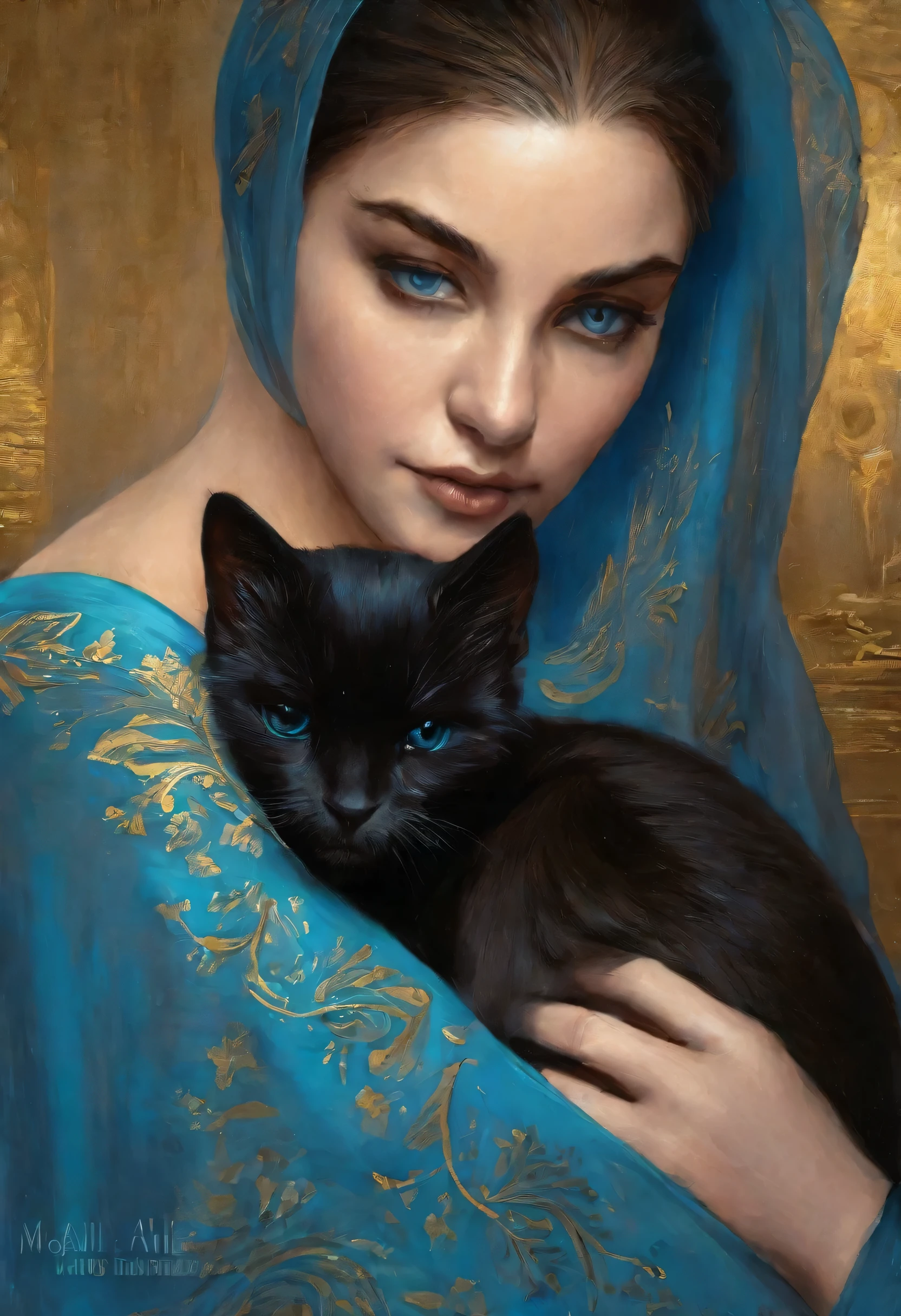 uma pintura a óleo de close-up of a Woman holding a black cat in her arms, wearing a blue and gold veil, pintura detalhada 4k, Magali Villeneuve&#39;, com olhos encantadores, karol bak uhd, por Tom Bagshaw e Boris Vallejo, mulher e gato, the woman wears a blue-golden veil, Graphic artist Magali Villeneuve, tom bagshaw donato giancola, bela arte uhd 4k, detalhes intrincados, perfeita, estilo degas