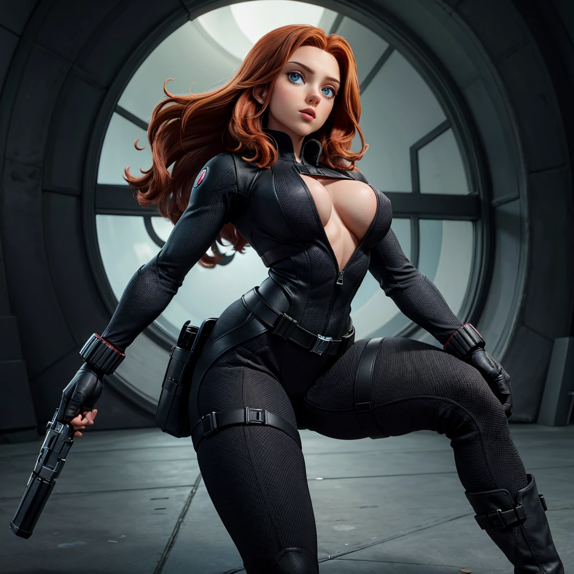 8K, Ultra HD, super details, high quality, high resolution. The heroine Black Widow looks beautiful in a full body photo, her body is sculptural, her medium wavy red hair is radiant in a perfect combination with her white skin, her bright blue eyes mesmerize everyone. She is wearing her heroine costume, This consists of, A tight, skin-tight bodysuit made of strong fabric, flexible material, probably kevlar or a similar material, The bodysuit has zippers on the sides for easy movement and access, There are red accents on the chest , forming a stylized hourglass symbol, which is a reference to her nickname "Black Widow", She wears a black belt with several compartments and pockets to carry her equipment and weapons, Her boots are black, with thick, non-slip soles for better traction, She wears black gloves that cover her forearms, with red details on the backs of her hands. she looks very sexy, drawing attention to her big breasts and thick legs.