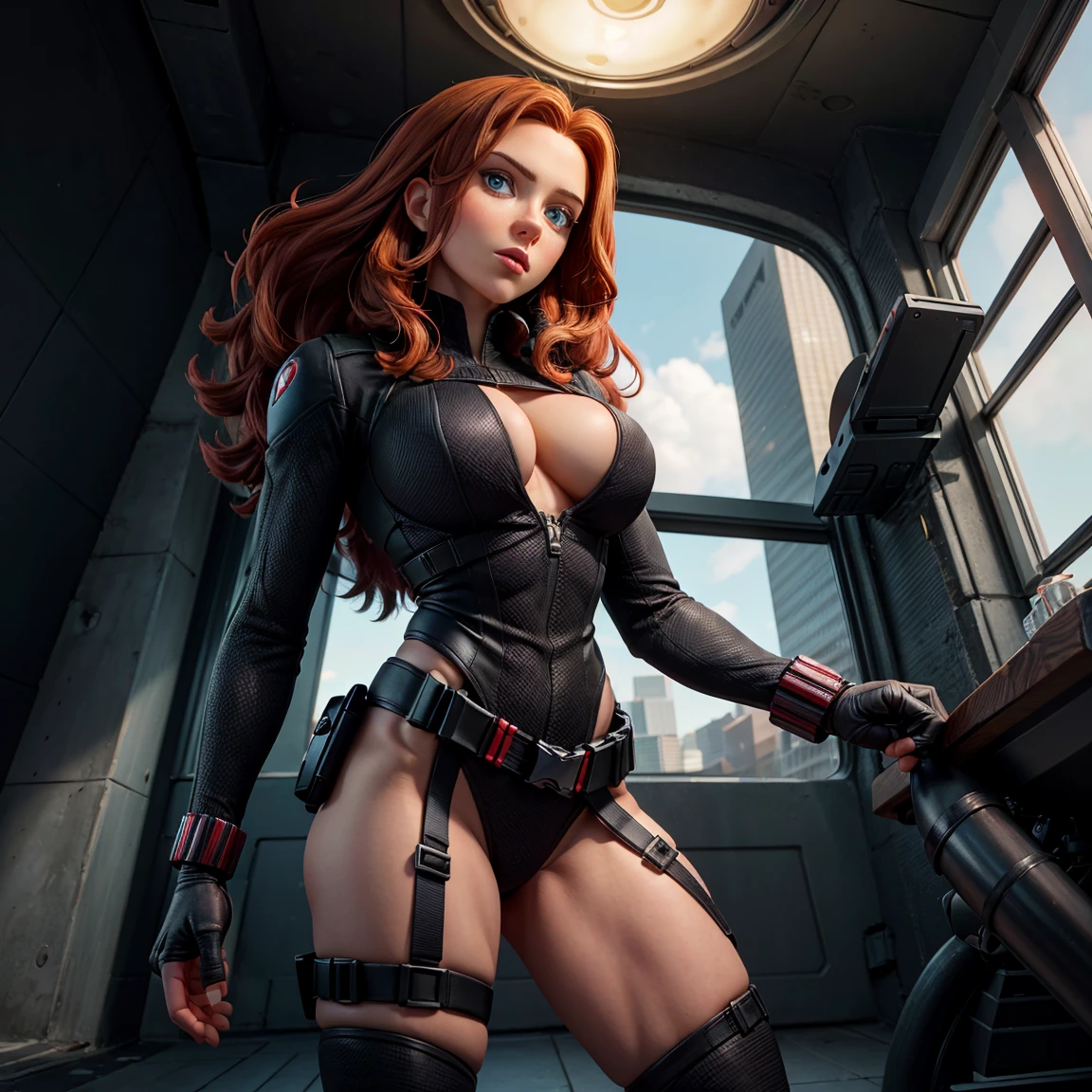 8K, Ultra HD, super details, high quality, high resolution. The heroine Black Widow looks beautiful in a full body photo, her body is sculptural, her medium wavy red hair is radiant in a perfect combination with her white skin, her bright blue eyes mesmerize everyone. She is wearing her heroine costume, This consists of, A tight, skin-tight bodysuit made of strong fabric, flexible material, probably kevlar or a similar material, The bodysuit has zippers on the sides for easy movement and access, There are red accents on the chest , forming a stylized hourglass symbol, which is a reference to her nickname "Black Widow", She wears a black belt with several compartments and pockets to carry her equipment and weapons, Her boots are black, with thick, non-slip soles for better traction, She wears black gloves that cover her forearms, with red details on the backs of her hands. she looks very sexy, drawing attention to her big breasts and thick legs.