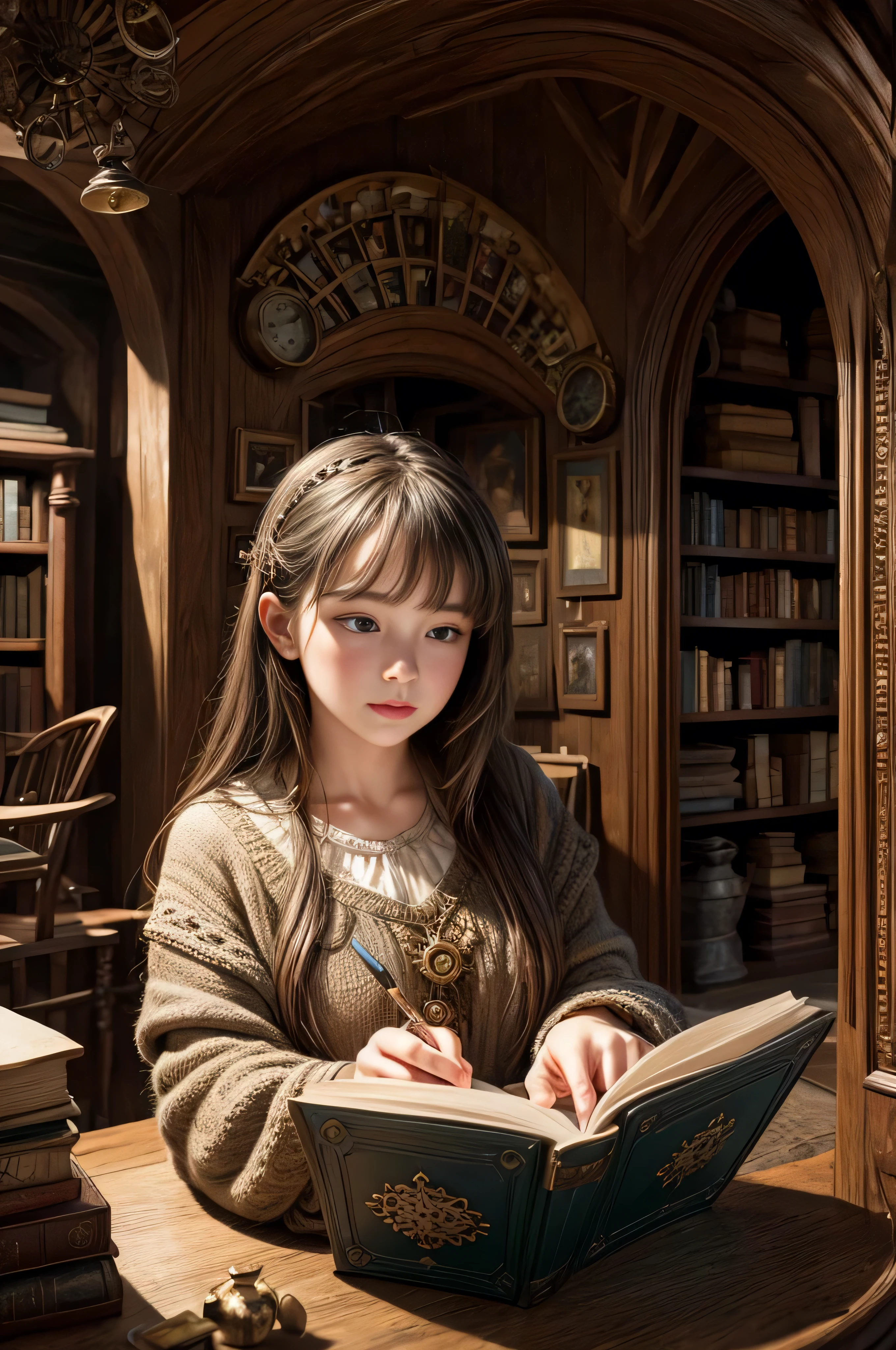 "Photorealistic painting, ((captivating)) scene of a girl absorbed in reading, antique books, cozy hobbit cave, intricate clock with moving gears, ((nostalgic)), detailed, warm palette"