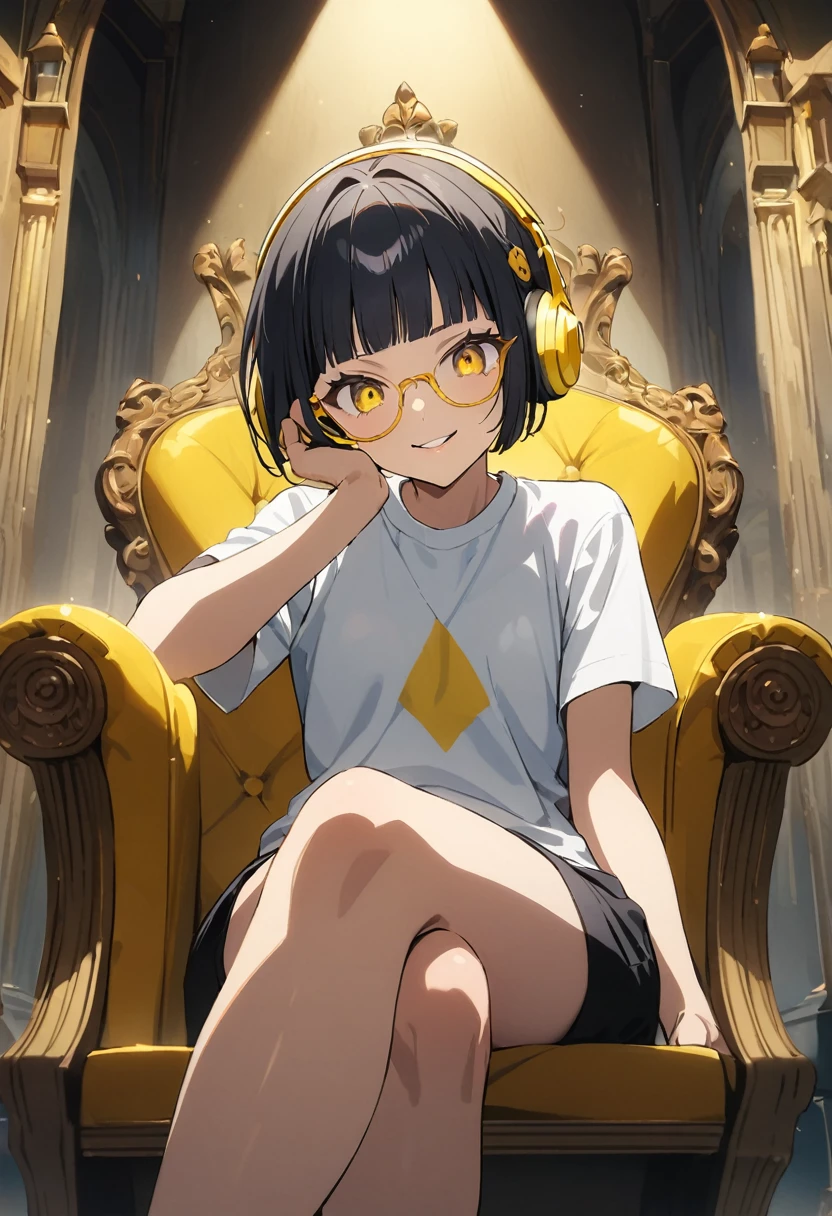 masterpiece, best quality, rating: general, newest, official art,1girl, solo, (pokemon style), (((yellow glasses))), black hair, eyelashes, yellow eyes, bowl cut, yellow headphones,  white T-shirt, short sleeves, black shorts, hand on own cheek,sitting on throne,queen chair,crossed legs,evil smile,looking down at viewer,indoors,Spotlight,darkness,from below, dynamic angle,