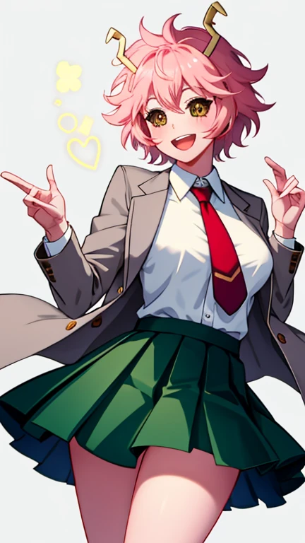 lumen reflections, natural lighting, evocative, triadic color scheme, cowboy shot, elegant, voluptuous:0.6, looking at viewer, 1girl, female, solo, blush, open mouth, smile, teeth, sfw, mina ashido, jacket, grey jacket, tie, red tie, skirt, green skirt, pleated skirt, socks, black socks, knee high socks
