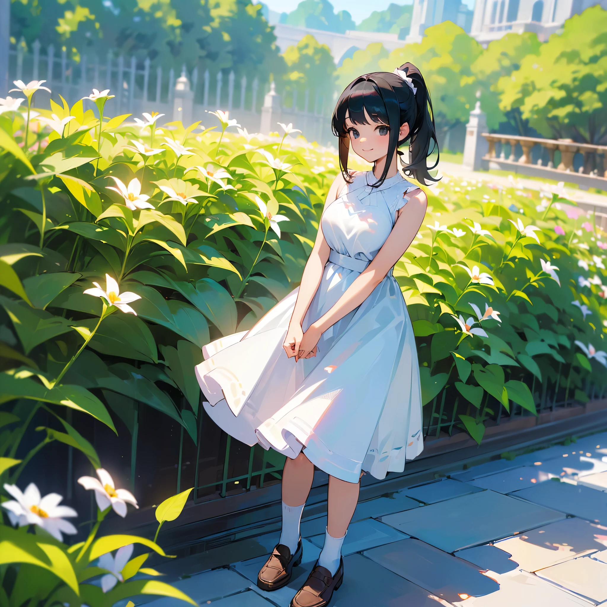 (high quality, High resolution, Very detailed, reality:1.37), Peaceful atmosphere, (Outdoor, garden), Teenage girl standing alone, (my breasts are big.), Beautiful details, Cute Smile, (Black hair ponytail), White sleeveless dress, White socks, loafers.