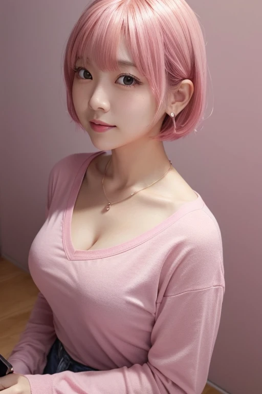 Taking a selfie with a smartphone、Cute Japanese Women Photos、Big ample breasts、Very short bob hair、Pink hair upper body、Face Focus、Long sleeve T-shirt、necklace、Simple Background、From above、