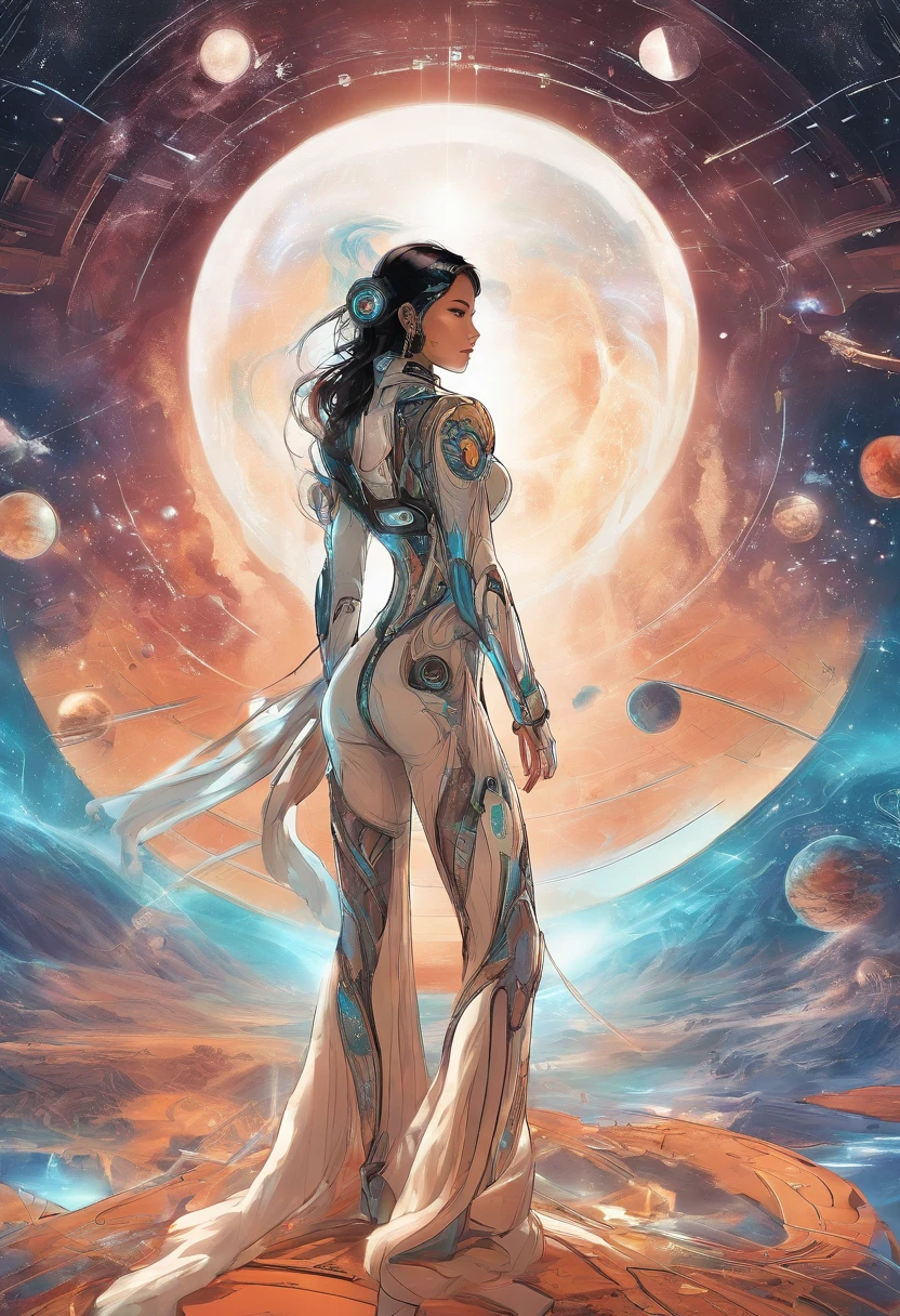 masterpiece,best quality,Ultra-high detail,Clear outlines,Outer Space,Stars,clock background,25 year old oriental beauty,long hair shawl,Light armor,walking in the stars