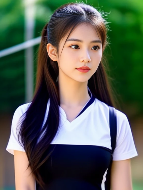 ภาพระยะใกล้ของผู้หญิงponytail, Woman wearing a volleyball shirt dark expensive silk, Thai anime girl, Chest size 36 inches, beautiful south ponytail,) long, Flowing hair, ponytail, Korean face is so cute, Korean girl, cute korean stars, outdoor gymnasium,
