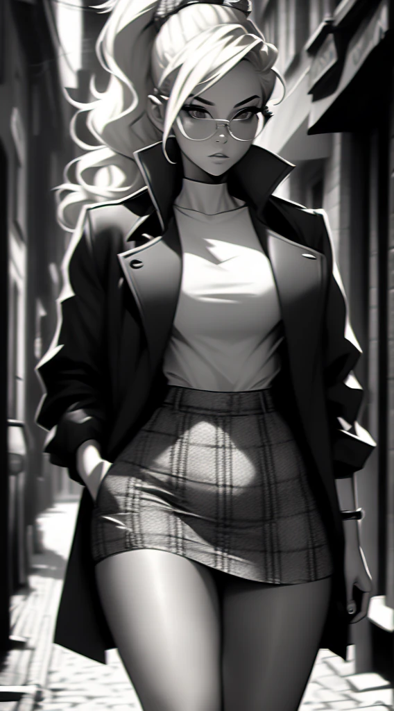 20 year old female detective, blonde hair with messy bun, eyeglasses, masterpiece, detailed, toned body, Noir et blanc, monochrome, femme fatale, black top, plaid skirt, long trench coat, walking down a street 