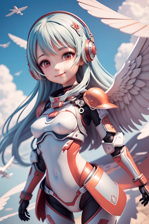 Digital Painting, Digital Illustration, Floating in the air、Fly through the sky with open metal wings、Landscape above the sky、Extreme Detail, Digital Art, 4K, Ultra Full 、Ulutra HD,analyzer、Supporting Female Robots、Cute smiling girl、Excellent brains、tiny chest、Slender figure、Red and white metal body、