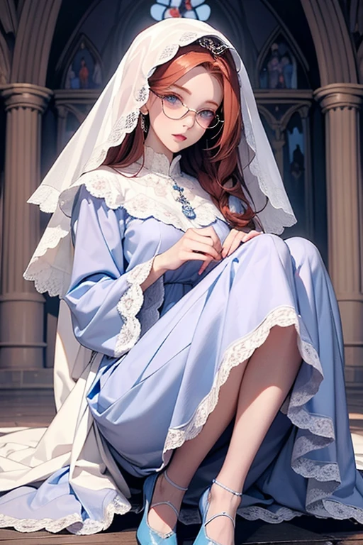 Tall, slender ((redhead)) woman of Irish descent. (pale:1.3)complexion. blue eyes, cute butt, nice legs. Kind eyes, reverent. Eyeglasses, light makeup, long sleeves, lavender lace long ruffle dress, kitten heel shoes, head veil, Sunday best. In Catholic Church, holding rosary beads Sorrowful, penitent.