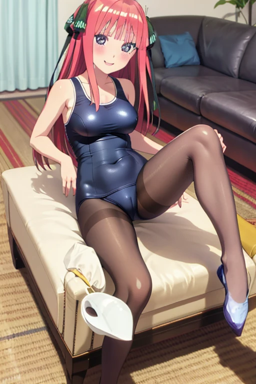 best quality, masterpiece, high quality, insanely detailed, nino nakano, one-piece swimsuit, breasts, pantyhose, blush, smile, in the living room, leg spread