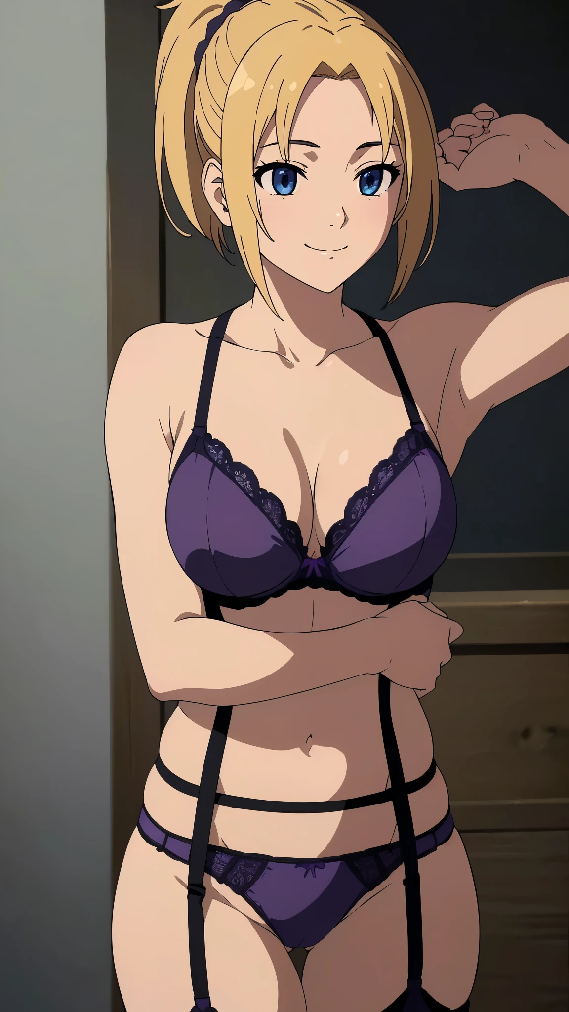 ((8K resolution))、((highest quality))、((masterpiece))、((Very detailed))((((dramatic))), (Anatomically correct)、((theme、whole body:1.1)), The depth of the object to write、Looking at the camera、front、smile、(zenith, blue eyes, blonde hair, ponytail, short hair, parted bangs)、Purple bra、Purple Panties、garter belt