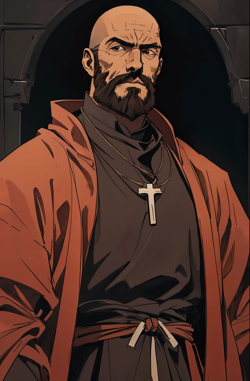 1man,male_focused, older, masculine, portrait, rugged, male , priest, black_priest_clothing, robe, bald, bearded, in the style of Kentaro Miura, fantasy, SCI-FI, (brown eyes), badass