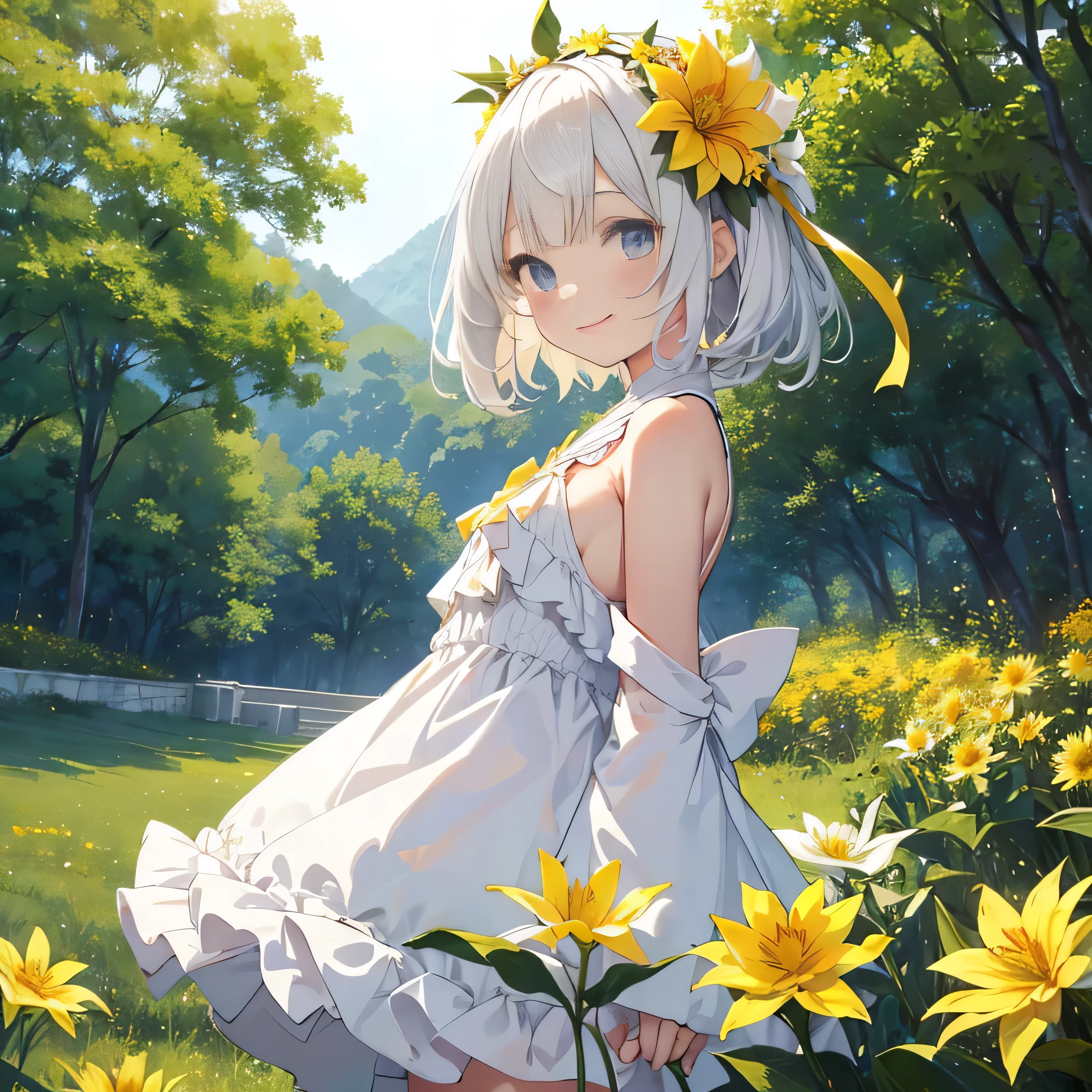 Lolita, girl, , short height, chibi, smiling, cheerful, cute, white hair, beautiful short hair, straight hair, straight hair, silky hair, yellow casablanca flower crown, yellow lily flower crown, white one-piece outfit, white dress outfit, black robe over it, blue eyes, empty grassland, green plain all around.