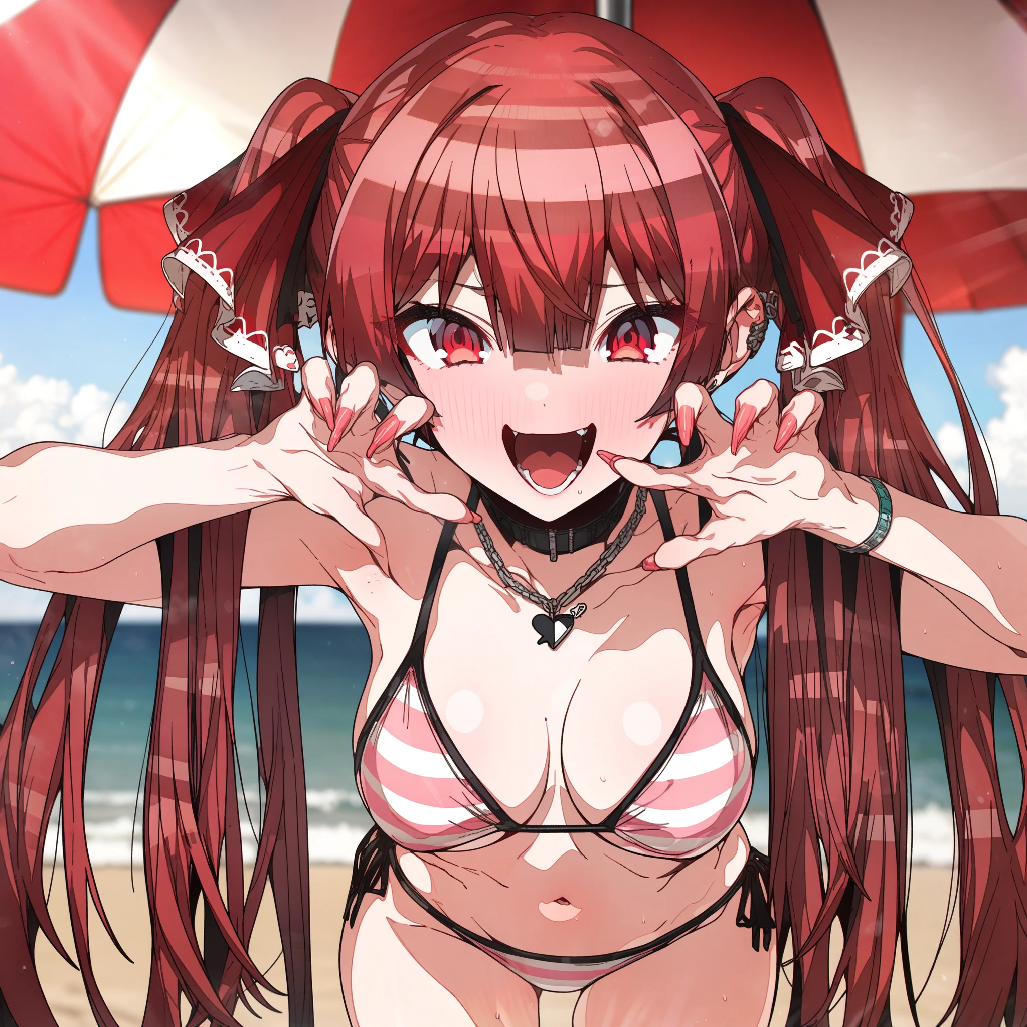 houshou_marine, Artist, erere, Copyrights, idolmaster, idolmaster_shiny_colors, Character, General, 1girl, red_hair, blunt_bangs, blush, large_breasts, breasts, smile, red_eyes, censored, long_hair, striped bikini, pink_bikini, frilled_bikini, navel, open_mouth, raised_eyebrows, teeth, two_side_up, (full_body), (standing in middle, beach_umbrella in background), sky, [detailed, sand, outdoors], looking_at_viewer, facing_viewer, masterpiece, best_quality, great_quality, girl, solo, center_composition, centered character, hand_on_own_hip:1, pose 
