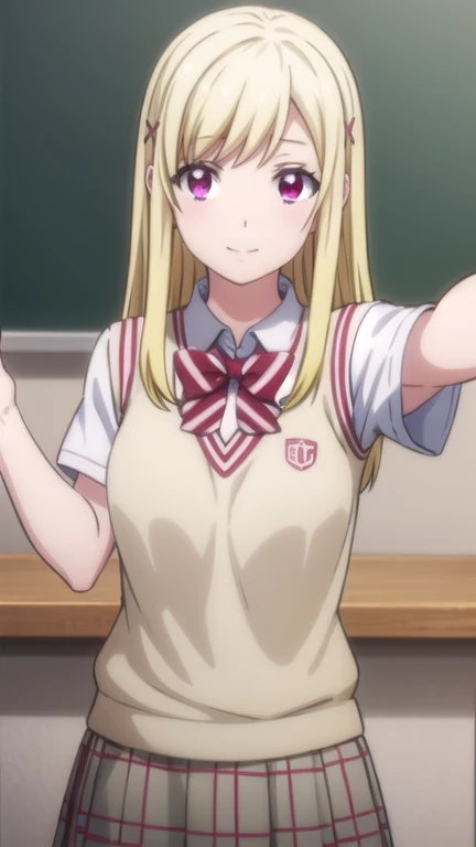 Urara Shiraishi, Urara Shiraishi, long hair, blonde hair, (pink eyes:1.3), hair clip, x hair ornament, smile,
BREAK skirt, bow, , jacket, plaid, plaid skirt, sweater vest, shirt, white shirt, collared shirt,
BREAK indoors, classroom,
BREAK looking at viewer,
BREAK (masterpiece:1.2), best quality, high resolution, unity 8k wallpaper, (illustration:0.8), (beautiful detailed eyes:1.6), extremely detailed face, perfect lighting, extremely detailed CG, (perfect hands, perfect anatomy),