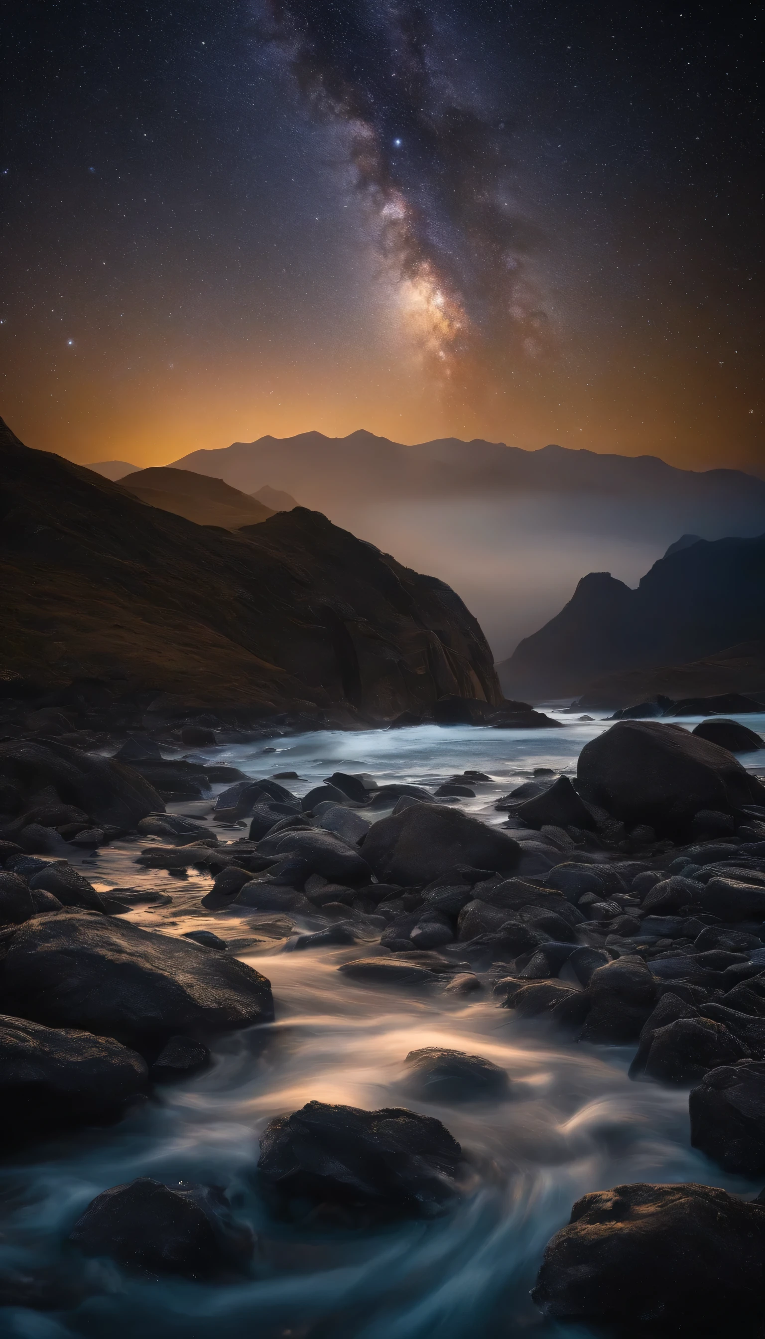 water, Sea, Dark sky, rain, Mountains, stars, Starfall, milky ways