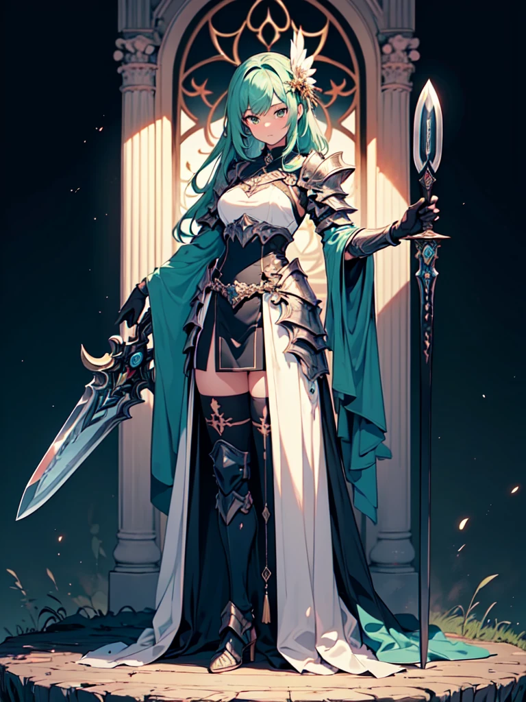 (((masterpiece, best quality, high detailed, 8k))) Design a layout showcase Gaming character, (1girl). Green|Gold clothes, stylish and unique. ((showcase weapon:1.4)), nature staff. (masterpiece:1.2), (best quality), 4k, ultra-detailed. (Step by step design, layout art:1.5), (luminous lighting, atmospheric lighting). druid, ((glove full hands)), (((revealing clothes:1.3))), vambraces, armored legwear, (((full_body_shot:1.4))). {In a magical meadow}.