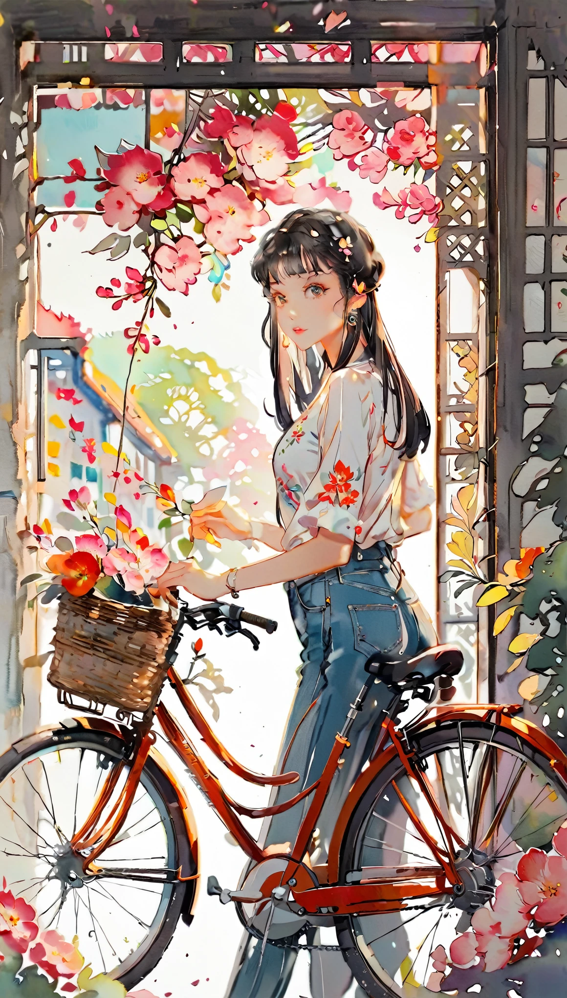 (((paper cutting style))), 1 girl, short black long hair, straight hair, shirts and denim, bicycle