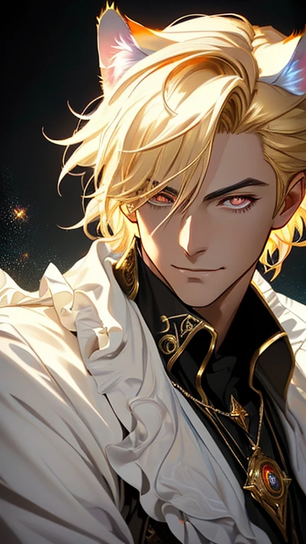 ((unreal engine, 4k high quality, trends of artstation, pixiv,soft render )) The blond anime man is 25 years old, wearing a rich ruffled white shirt and cravat, ruffle collar, an artist in leather armor. Cat-like tiger ears on his head, a mocking cunning face, a light smile, narrowed eyes. (Black sclera, red irises). Abstract background with circus and theatrical motifs, ((fantasy medieval setting, dnd,)) bard, yellow shoulder length wavy short hair, wavy long bang  (asymmetrical bang on one eye, hair tucked behind the ear on one side), aesthetics of vintage films, curtsy, mannerism, portrait, , soft shadows, dark cinematic lighting, mystical,(oblique bangs over one eye), sly charming smile, elongated face, Trickster, a dynamic shot, dynamic angle, rpg game character portrait, a relaxed , close up, Glitter particles, VictorianPunkAI, detailed beautiful face, mucha art deco
