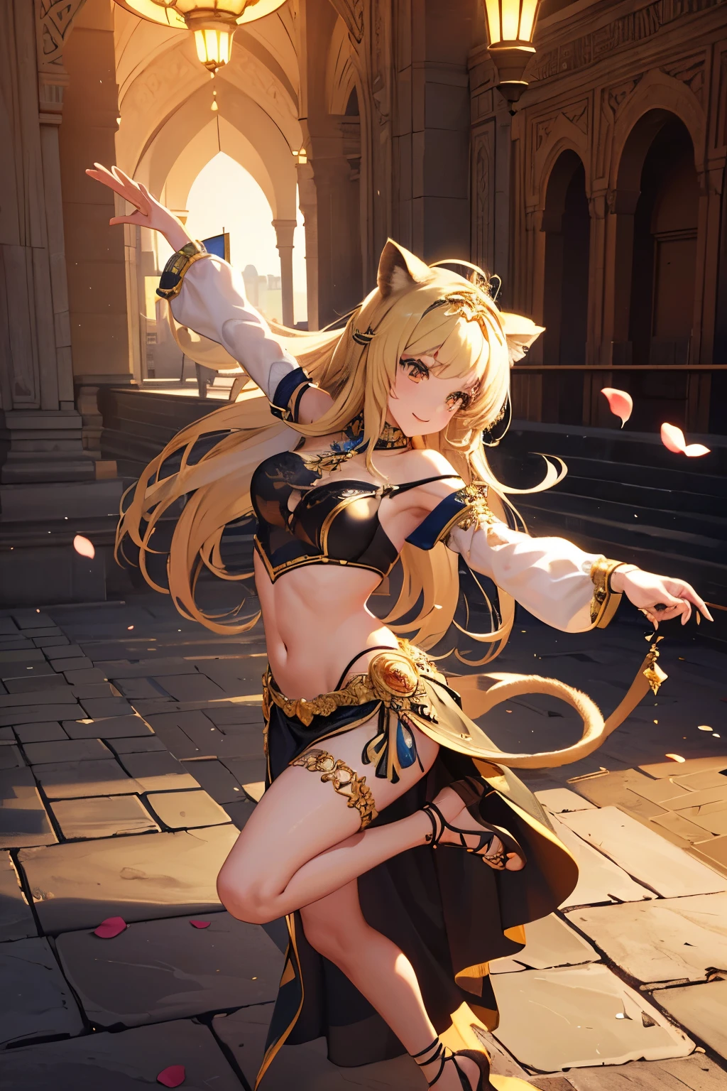 (Masterpiece), (best quality), hight resolution, ultra-detailed, (hyper detailed background, Detailed background), highly detailed, photorealistic, 1 beautiful and gorgeous girl, (cat ears), off-shoulder, North African Islam, Alhambra palace, (Islamic Africa:1.2), Colorful, in desert, Long Long Platina Bond Shining Hair, Big green crystal eyes, smile, ((dancing Arabian dance)), light, broken glass, a girl with a pet lion, (shining brightly), ((dazzling)), (floating a lot of flower petals, ((3D)),
