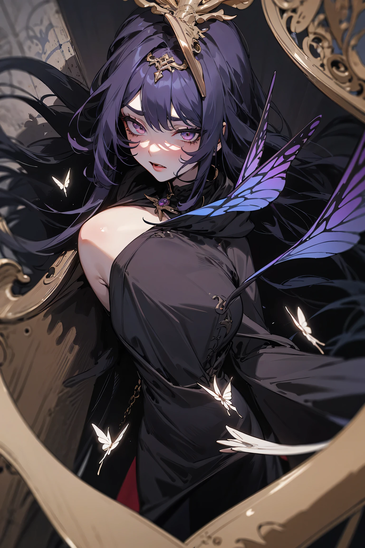 1girl, thirty years old, monster woman, solo, soothsayer, extremely delicate and seductive, mature, long and large soothsayer dress, deep eyes, long black purple wavy hair, white eyes, delicate skin, moth wings, moth antennas, neck furr scarf, moth woman, mature female, large dark dress with cape and hood, priestess dress, embroidery, dark evil scenery, gothic world, heavy flora, mystic atmosphere, monster girl, insect girl, masterpiece, best quality, 8K, tarot cards