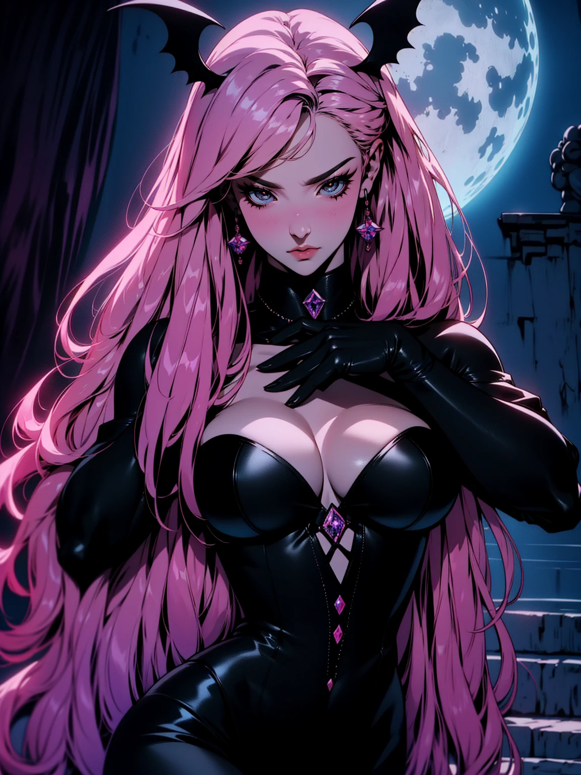 {-erro_de_anatomia:1.0} (best quality,4k,8k,highres,masterpiece:1.2) (masterpiece, top quality, best quality, official art, beautiful and aesthetic: 1.2), (1 woman: 1.3) Succubus girl, long pink hair , yellow eyes, (crystal eyes) succubus wing, black pant, black gloves, attractive, moonlight, dinamic poses, flying on the sky, perfect hands (perfect fingers), angry face,