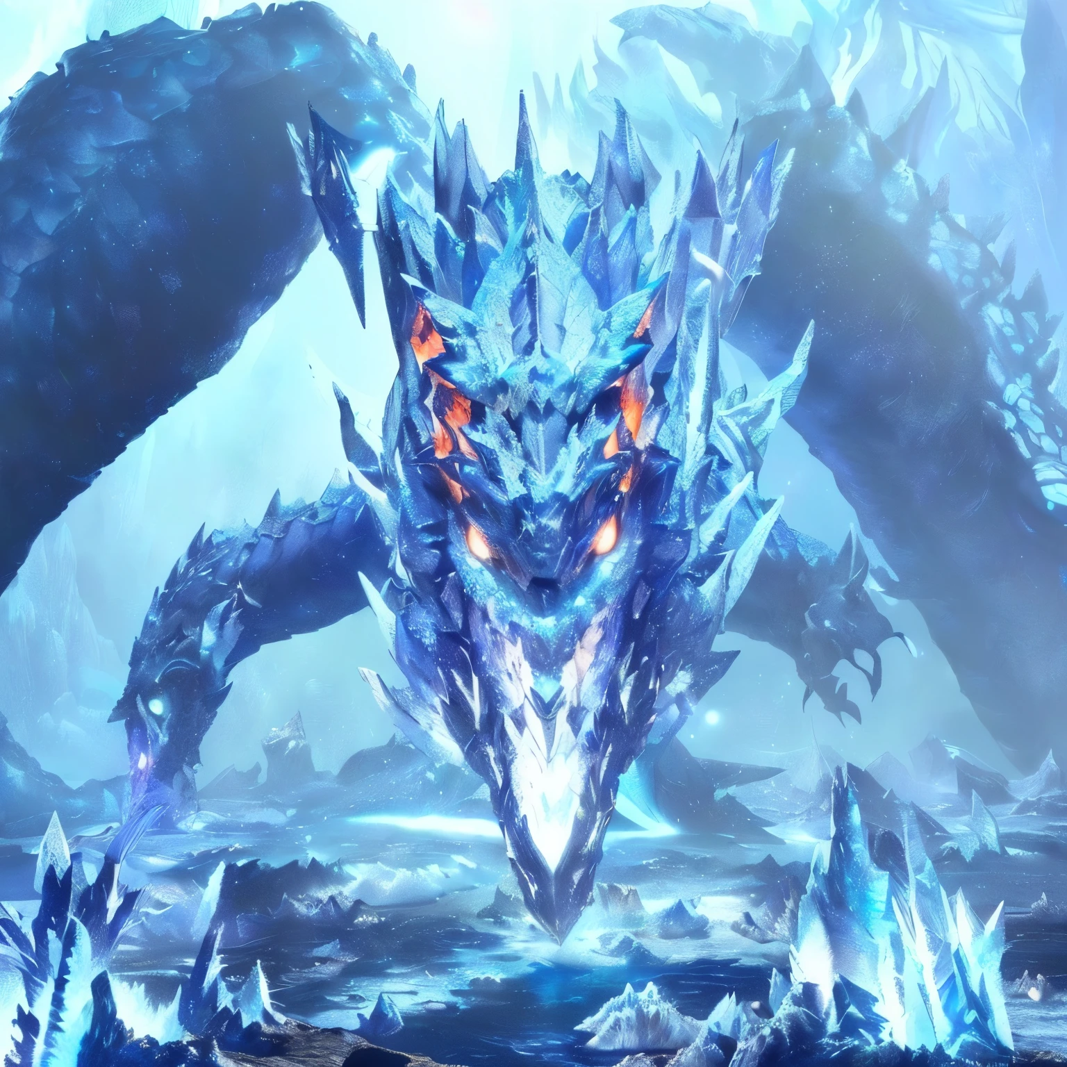 a close up of a dragon with glowing eyes and a large body of water, frost dragon, blue scaled dragon, detailed hot maw, detailed maw, crystal dragon, ffxiv heavensward, colossal dragon as background, scary sharp icy, blue dragon, monster hunter monster, colossal dragon in background, wyvern, final fantasy 14 sharp, from xenoblade chronicles
