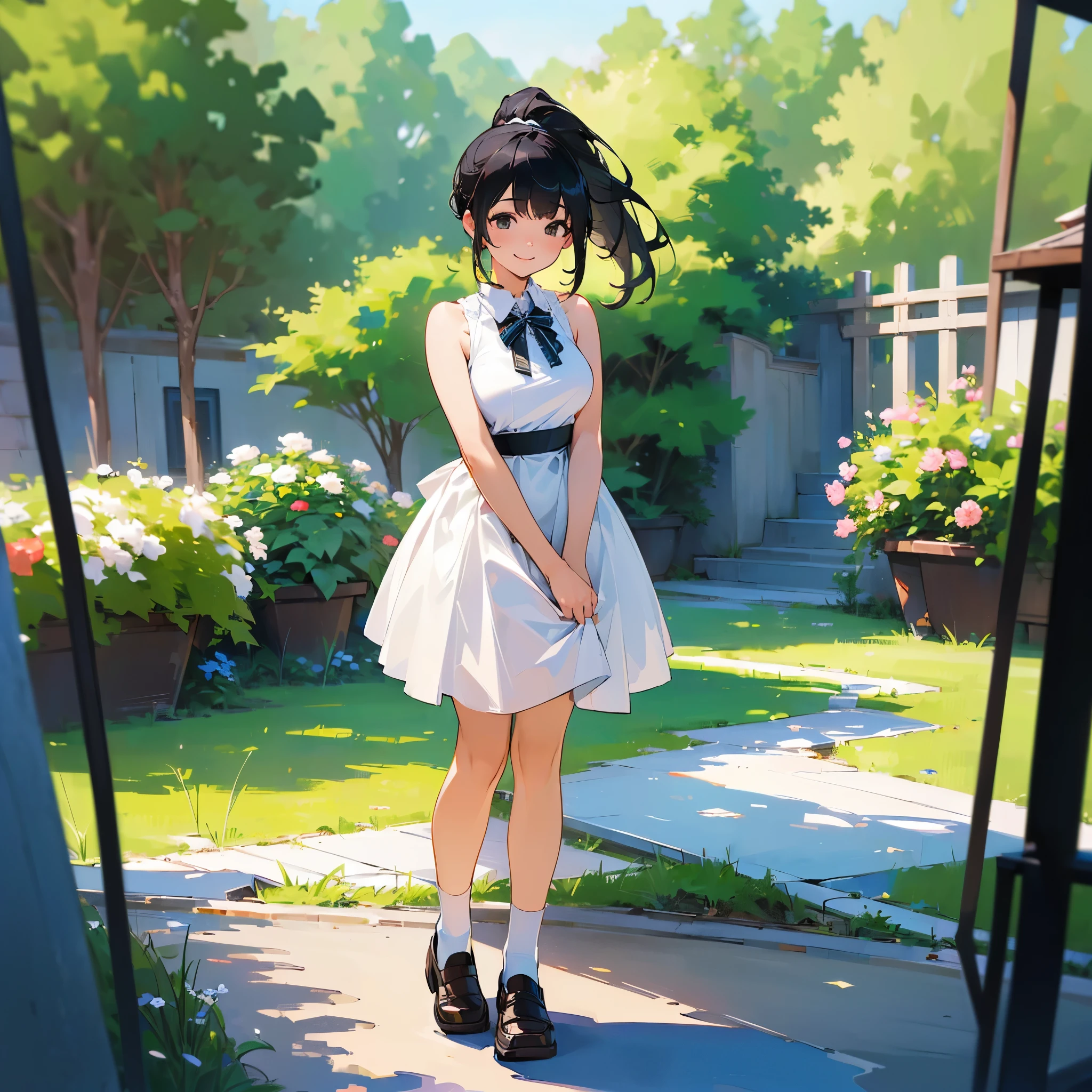 (high quality, High resolution, Very detailed, reality:1.37), Peaceful atmosphere, (Outdoor, garden), Teenage girl standing alone, (my breasts are big.), Beautiful details, Cute Smile, (Black hair ponytail), White sleeveless dress, White socks, loafers.