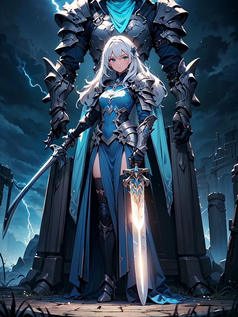 Girl with long silver hair and double braids,silver forehead protector,tights,Black Armor,cleavage,Iron skirt,thigh,Great sword,starry night,moon