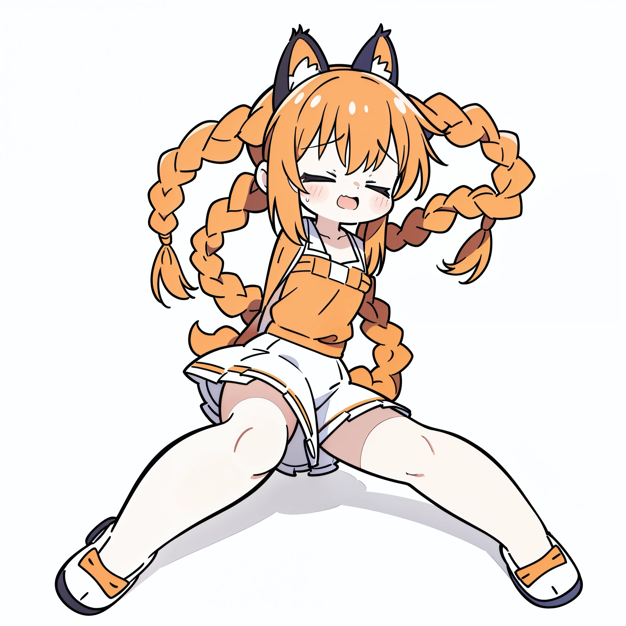 (1girl,20 years old),tiger ears,long hair,(twin braids),orange hair,(white background,line drawing),screenshot, exaggerated poses, closed eyes,((scared)), cute, whole body, Style cute-ar 3:4-ni ji 5