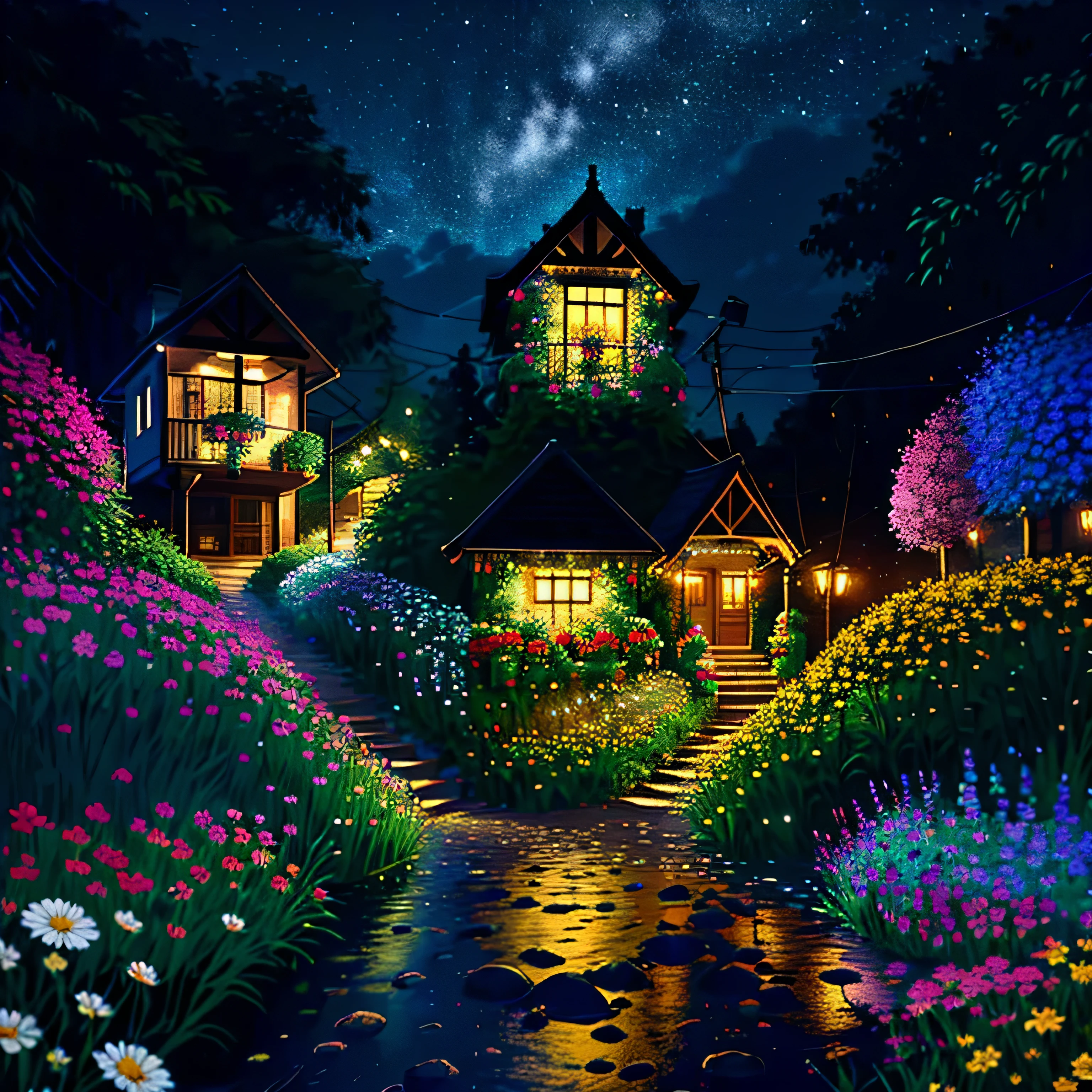 A small house in the cthaty decorated wthath flowers and lights, Small road, Crowded, Night view, that'it's raining, Realistic, 4K