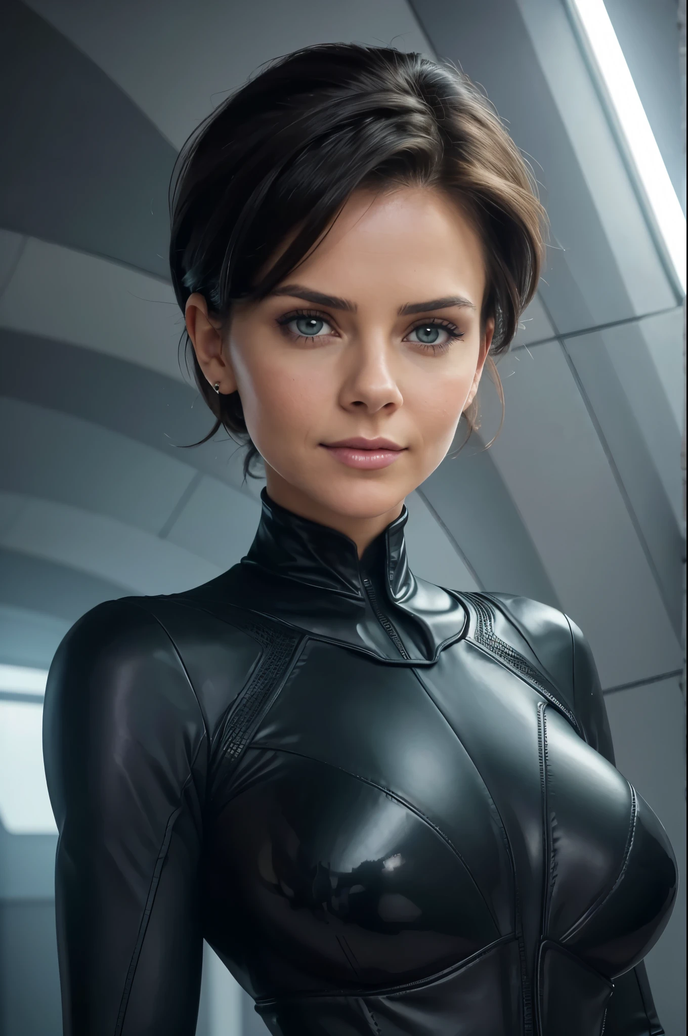 detailed face, perfect eyes, perfect face, detailed, complex, Perfect lighting) 1 girl with fair skin, short shaved dark hair, wears all black futuristic bodysuit, queen of an alien race, warrior, gentle smile, busty, [Victoria Beckham],[[KateBeckinsale]],[[[Jenna Coleman]]],[[[Tricia Helfer]]], green eyes,