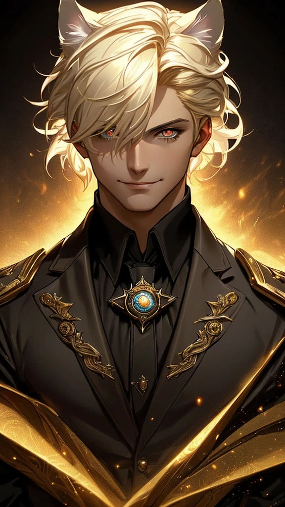 ((unreal engine, 4k high quality, trends of artstation, pixiv,soft render )) The blond anime man is 25 years old, wearing a rich ruffled white shirt and cravat, ruffle collar, an artist in leather armor. Cat-like tiger ears on his head, a mocking cunning face, a light smile, narrowed eyes. (Black sclera, red irises). Abstract background with circus and theatrical motifs, ((fantasy medieval setting, dnd,)) bard, yellow shoulder length wavy short hair, wavy long bang  (asymmetrical bang on one eye, hair tucked behind the ear on one side), aesthetics of vintage films, curtsy, mannerism, portrait, , soft shadows, dark cinematic lighting, mystical,(oblique bangs over one eye), sly charming smile, elongated face, Trickster, a dynamic shot, dynamic angle, rpg game character portrait, a relaxed ,  Glitter particles, VictorianPunkAI, detailed beautiful face, mucha art deco