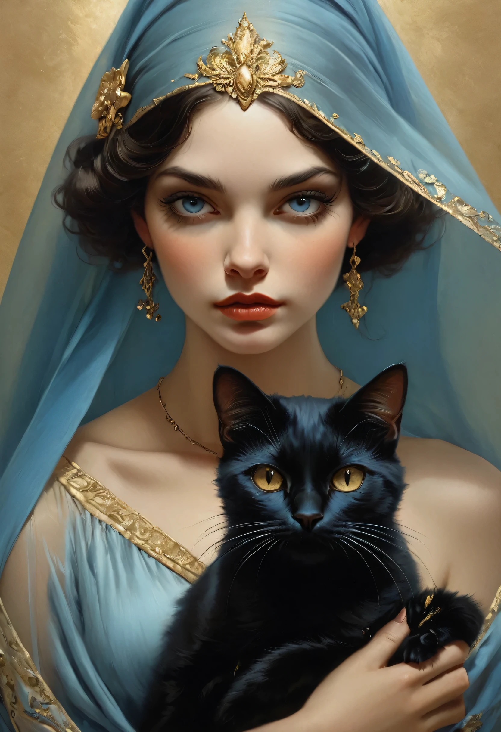 uma pintura a óleo de close-up of a Woman holding a black cat in her arms, wearing a blue and gold veil, pintura detalhada 4k, com olhos encantadores castanhos, karol bak uhd, por Tom Bagshaw e Boris Vallejo, mulher e gato, the woman wears a blue-golden veil, Graphic artist Magali Villeneuve, tom bagshaw donato giancola, bela arte uhd 4k, detalhes intrincados, perfeita, estilo degas