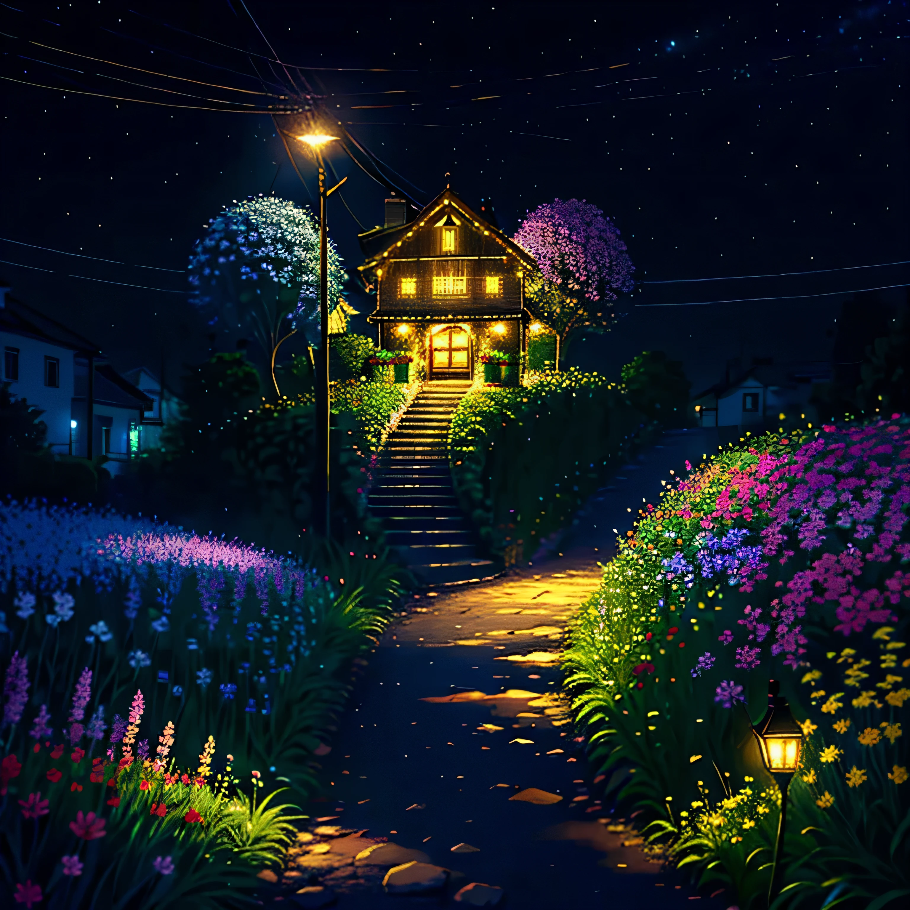 A small house in the cthaty decorated wthath flowers and lights, Small road, Crowded, Night view, that'it's raining, Realistic, 4K