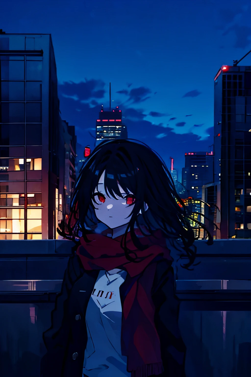 Girl, red eyes, long curly black hair, , city, night, rooftop