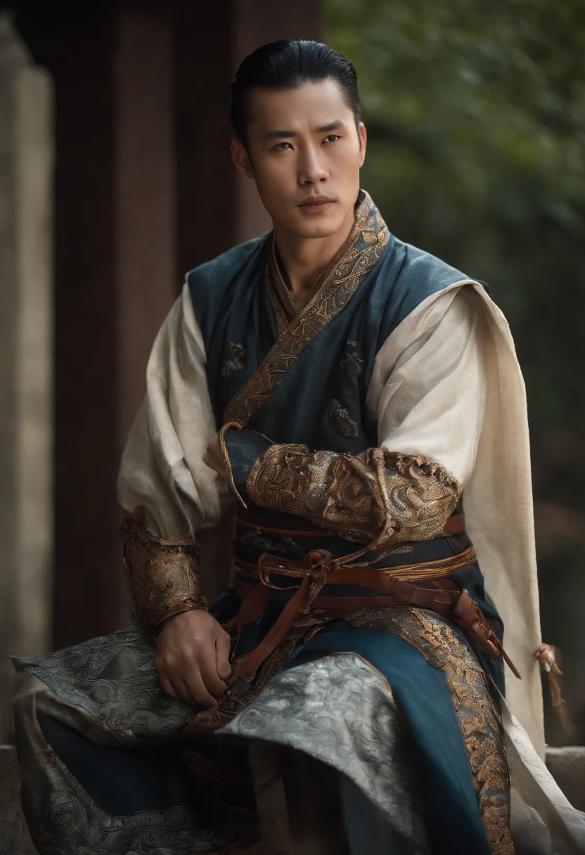 Ancient Chinese man in armor、Clever man、Looking into the camera、His hair is in a bun、Only one topknot、Black Hair、Stand and pose、(masterpiece, highest quality, highest quality), whole body,Characters in Romance of the Three Kingdoms、Transform、Short Deformation、A white embroidered cloth is wrapped around the head.、Handsome man in trousers