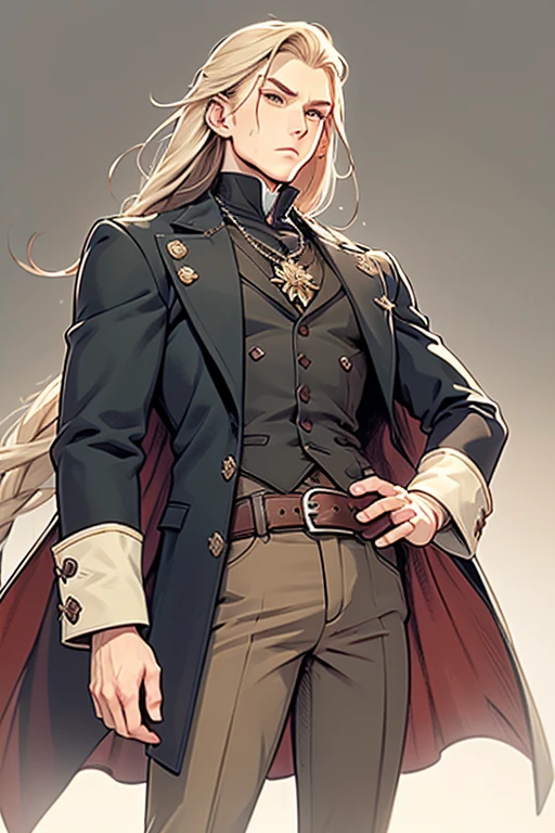 Generate an image of a grimoire physically young man with long blond hair. His most recurring attire is from Castlevania: Symphony of the Night, which, according to the game's setting, consists of 18th-century-style clothing. He wears a black jacket with side seams held together by four square brooches running vertically down, along with a belt. Around his neck, he wears a large white cravat. Over the jacket, he dons a long overcoat with a decorative pattern.
In addition to his clothing, he also wears a cape resembling that of Bela Lugosi. The weapon he commonly wields is the Sword, a family heirloom from his mother.
Create the image in a Bishōnen artistic style.