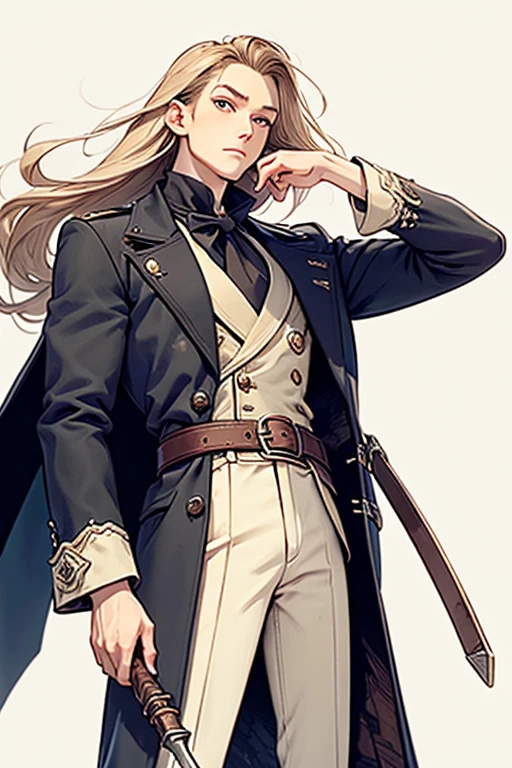 Generate an image of a grimoire physically young man with long blond hair. His most recurring attire is from Castlevania: Symphony of the Night, which, according to the game's setting, consists of 18th-century-style clothing. He wears a black jacket with side seams held together by four square brooches running vertically down, along with a belt. Around his neck, he wears a large white cravat. Over the jacket, he dons a long overcoat with a decorative pattern.
In addition to his clothing, he also wears a cape resembling that of Bela Lugosi. The weapon he commonly wields is the Sword, a family heirloom from his mother.
Create the image in a Bishōnen artistic style.
