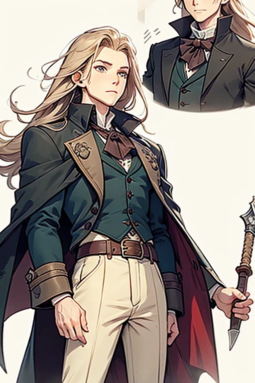 Generate an image of a grimoire physically young man with long blond hair. His most recurring attire is from Castlevania: Symphony of the Night, which, according to the game's setting, consists of 18th-century-style clothing. He wears a black jacket with side seams held together by four square brooches running vertically down, along with a belt. Around his neck, he wears a large white cravat. Over the jacket, he dons a long overcoat with a decorative pattern.

In addition to his clothing, he also wears a cape resembling that of Bela Lugosi. The weapon he commonly wields is the Sword, a family heirloom from his mother.

Create the image in a Bishōnen artistic style.