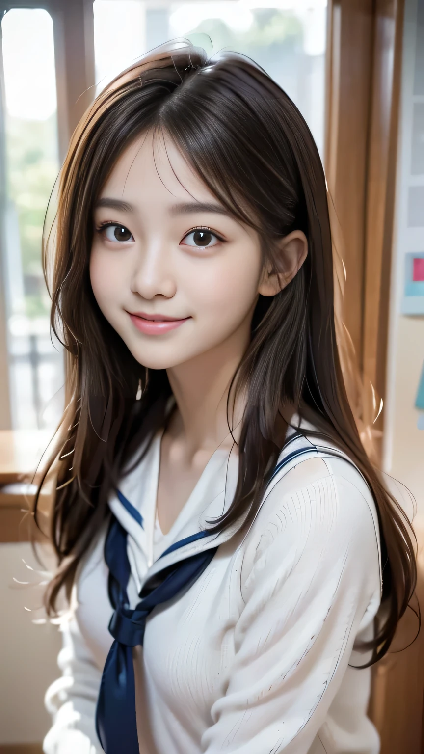 Masterpiece、Best Quality、Illustration、 Super detailed、Fine details、 High resolution、8K Denden Wallpaper、Perfect dynamic composition、A cute -yeld juschool girl、Sweet girl、Detailed beautiful face、Detailed cute eyes、Textured skin、A modest smile、Small breasts、School Sailor Uniform、