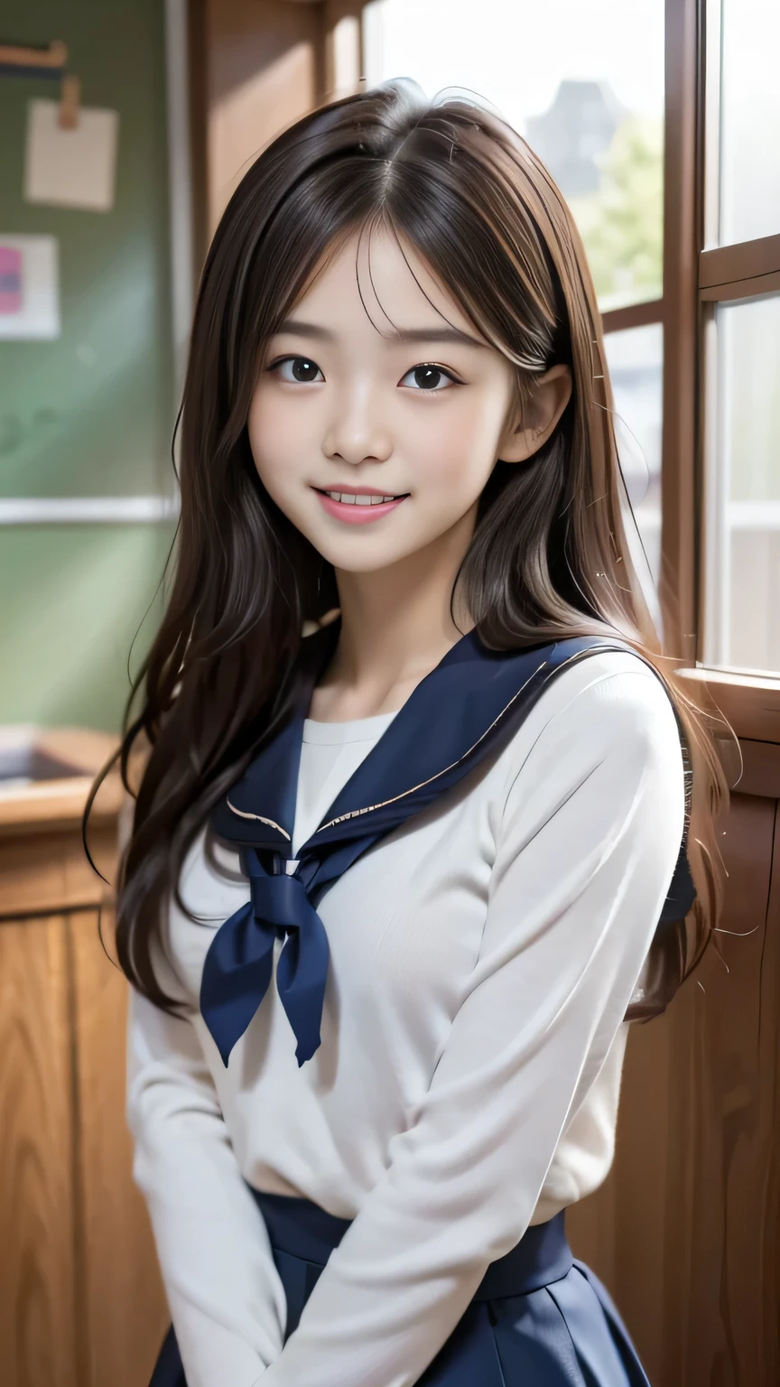 Masterpiece、Best Quality、Illustration、 Super detailed、Fine details、 High resolution、8K Denden Wallpaper、Perfect dynamic composition、A cute 15-year-old junior high school girl、Sweet girl、Detailed beautiful face、Detailed cute eyes、Textured skin、A modest smile、Small breasts、School Sailor Uniform、