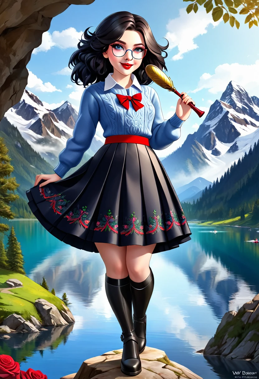 1girl, Large Black Hair With Messy Strands, Pale Skin, Red Lipstick, Dress Covered With Intricate Wood Cut Patterns. round full face, full features. wide toothy smile.Dynamic Pose., Detailed Eyes, Circular Glasses, wide eyes, Standing On A Rock Overlooking A Mountain Valley With A Gorgeors Alpine Lake. Wearing A Black Knee Length Pleated Skirt With Blue Enbroidery And A Trdational Norweigian Sweater Of Many Colors With Intricate Detailed Rosemaling Designs. (Masterpiece)), ((Best Quality)), (Detailed). Looks like Scarlett Johansson. Official Art, Award Winning Digital Painting, Digital Illustration, Extreme Detail, 4k, Ultra Hd, Rococo, Polished, Intricate, Realistic Fantasy Art, Sharp Focus, Concept Art, Art By Wlop, Artgerm, (2d Vector Illustration)
