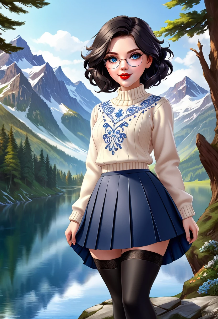 1girl, Large Black Hair With Messy Strands, Pale Skin, Red Lipstick, Dress Covered With Intricate Wood Cut Patterns. round full face, full features. wide toothy smile.Dynamic Pose., Detailed Eyes, Circular Glasses, wide eyes, Standing On A Rock Overlooking A Mountain Valley With A Gorgeors Alpine Lake. Wearing A Black Knee Length Pleated Skirt With Blue Enbroidery And A Trdational Norweigian Sweater Of Many Colors With Intricate Detailed Rosemaling Designs. (Masterpiece)), ((Best Quality)), (Detailed). Looks like Scarlett Johansson. Official Art, Award Winning Digital Painting, Digital Illustration, Extreme Detail, 4k, Ultra Hd, Rococo, Polished, Intricate, Realistic Fantasy Art, Sharp Focus, Concept Art, Art By Wlop, Artgerm, (2d Vector Illustration)
