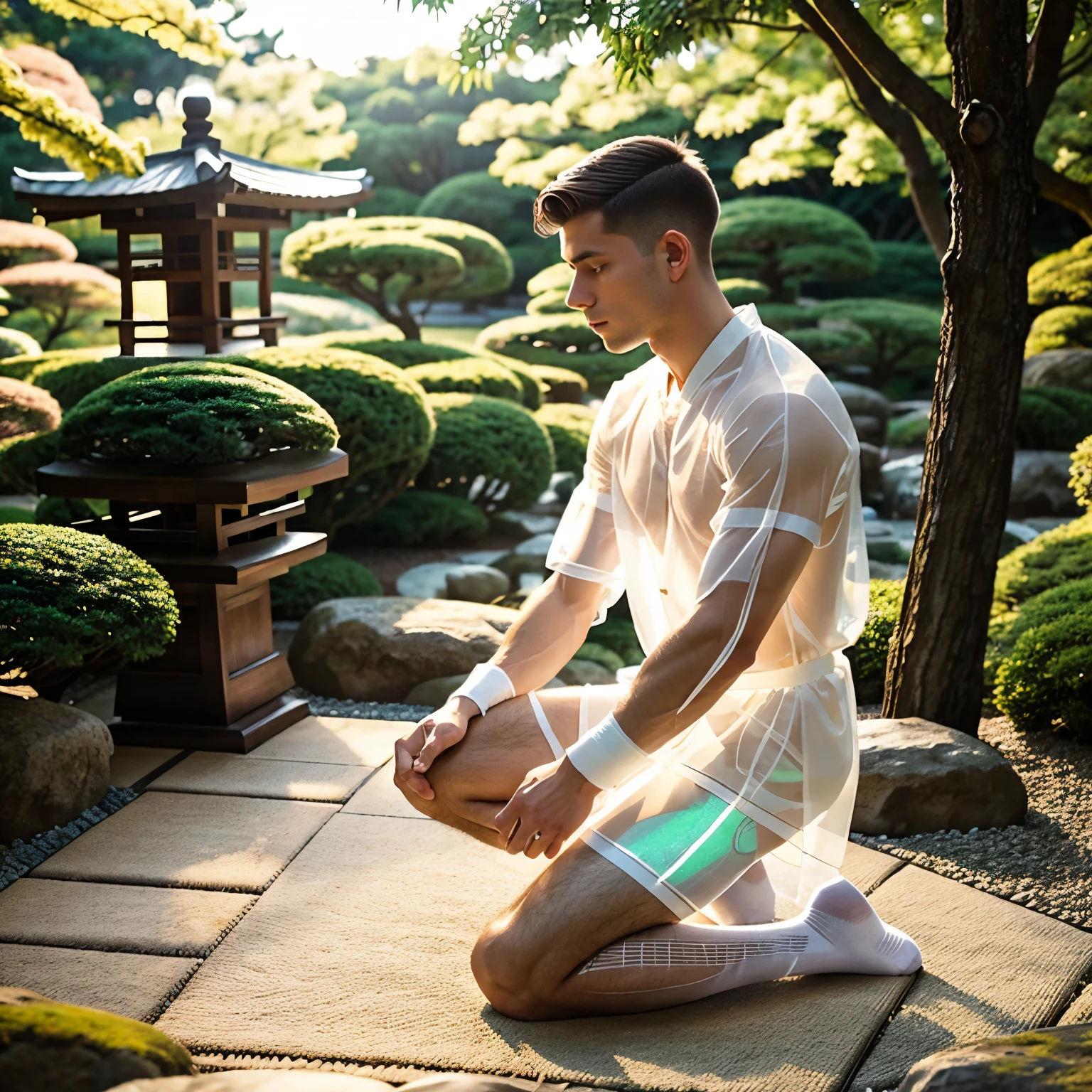 A gracefully submissive young white man with light-brown undercut hair kneels, his vulnerability captivating in its purity. His body is exposed through his transparent white clothing and transparent socks, his posture humble yet inviting. He's offering all his golden rings,This striking image, whether a painting or photograph, captures the essence of innocence and surrender, showing his white sheer socks.  japanese gardens; side view