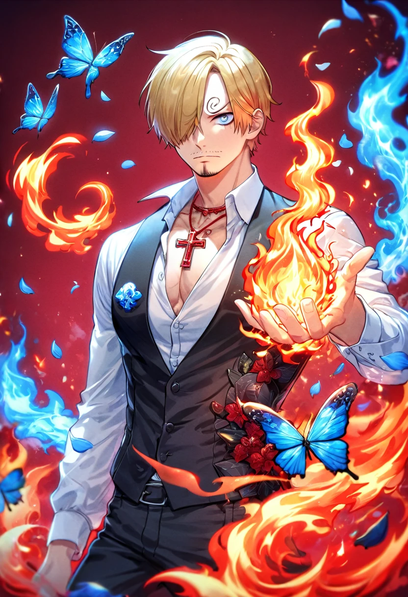 Ultra detailed, HDR, Highres, absurdres, master piece, Sanji, blond hair, expressive blue eyes, black vest, One Piece, red glittering butterflies, petals, fantasy, red flowers, sexy man, solo, handsome, glittering, toned chest, red background, neckle, black pants, white shirt, cross, magical, fire, very detailed eyes and face, best quality