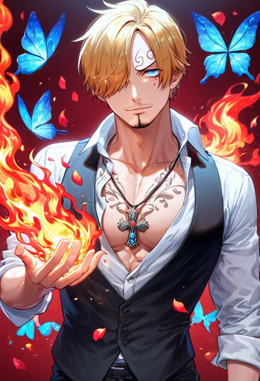 Ultra detailed, HDR, Highres, absurdres, master piece, Sanji, blond hair, expressive blue eyes, black vest, One Piece, red glittering butterflies, petals, fantasy, red flowers, sexy man, solo, handsome, glittering, toned chest, red background, neckle, black pants, white shirt, cross, magical, fire, very detailed eyes and face, best quality